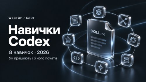Навички Codex: 8 навичок у 2026 році — обкладинка WEBTOP зі скляними модулями навколо SKILL.md.